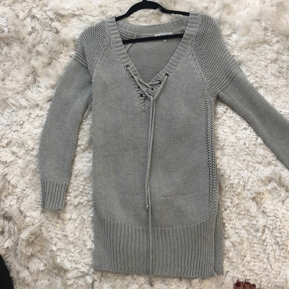 Long light blue deep v tie sweater from showpo